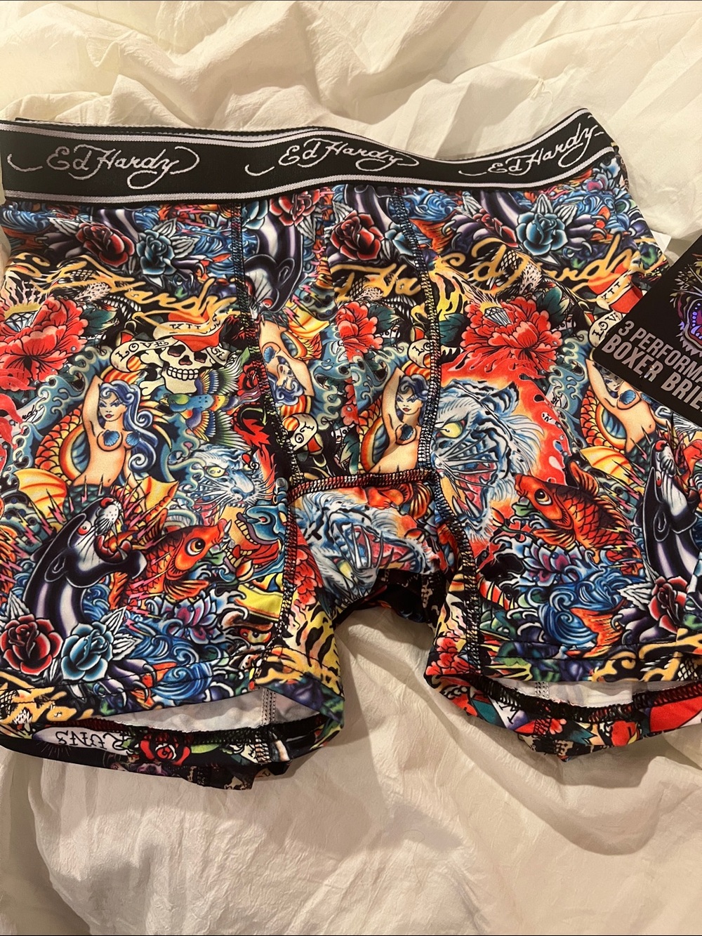 Ed Hardy Multicolor Tattoo-Print Boxer Briefs 3 pack. Medium or extra large.